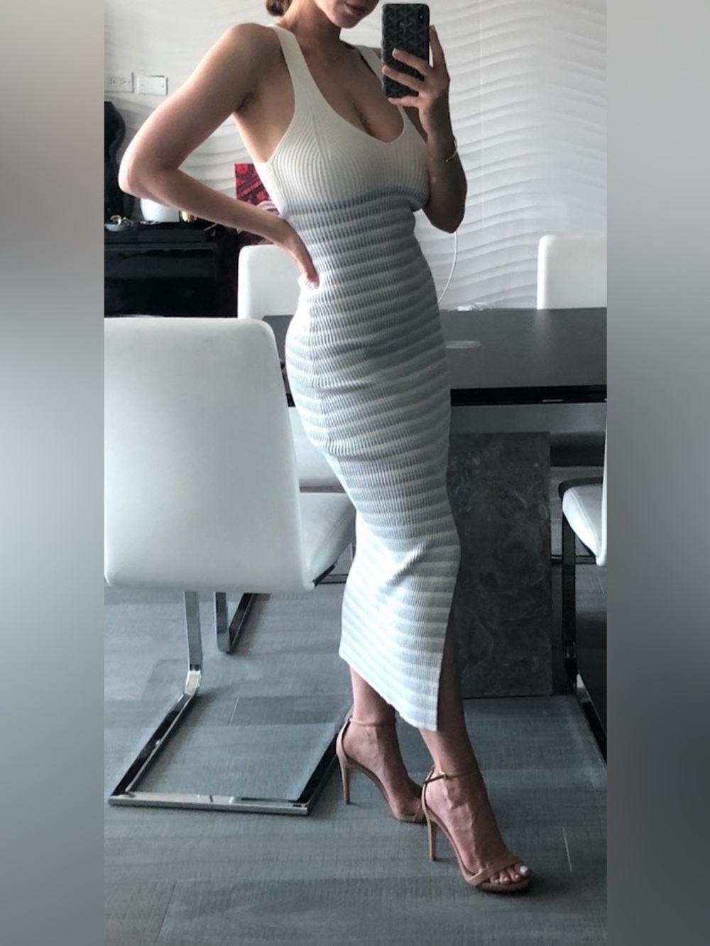 Ribbed Bodycon Midi Dress in Light Gray